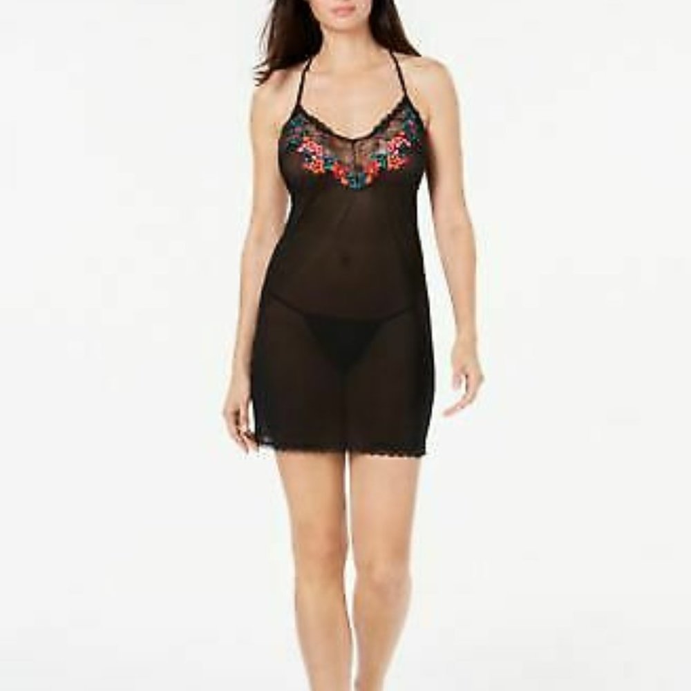INC Black Sheer Floral Embrodiery Sexy Nightgown M